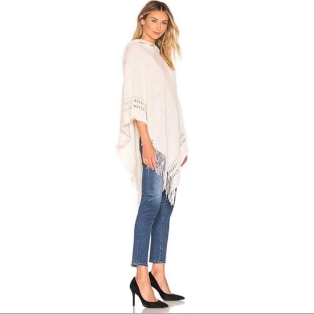Minette Women's Hooded Cream Knit Fringed Draped Poncho Western Sweater One Size
